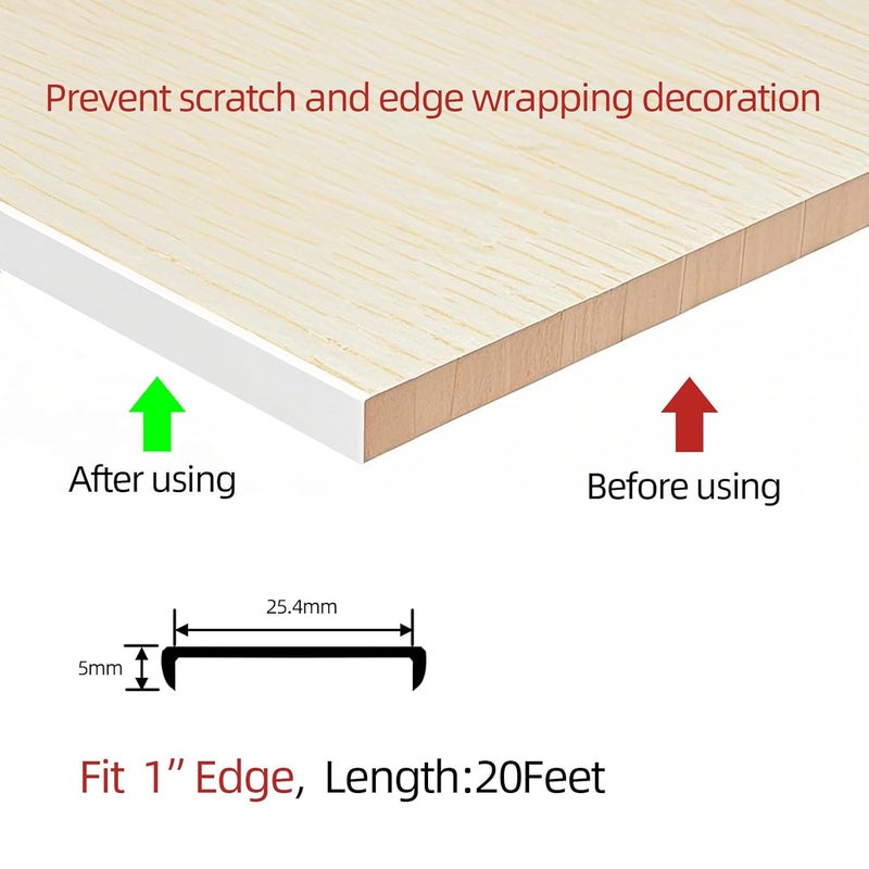 Aroilder U-Shape Plywood Edge Banding - 1" Edge Protector, Self-Adhesive Trim for Veneer, Furniture, Countertop, Table, Sheet Metal - White, 20Ft - Image 2